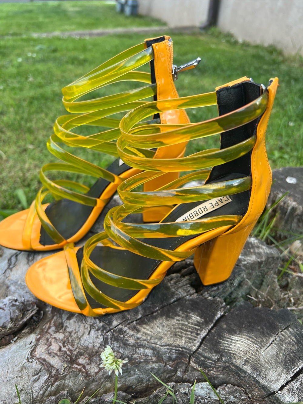 Cape Robbin Yellow Clear Coil Strap Block Heels